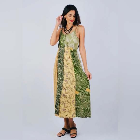 Fair trade botanical floral patchwork Green Yellow Vegan A Line Maxi Boho Dress - Picture 2 of 7